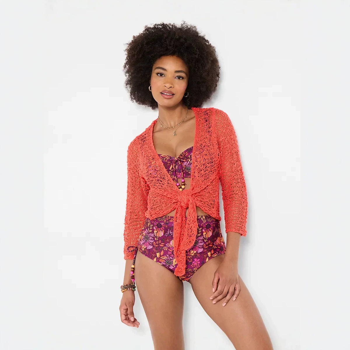 Women's Knit Beach Cardigan Cover-Up Slimming V-Neck Flared Sleeve