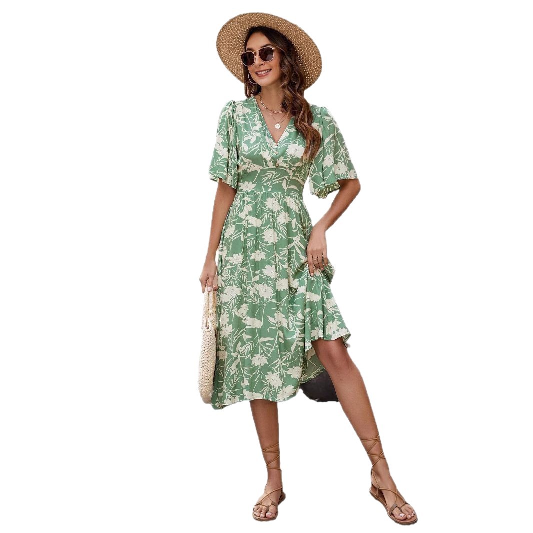 Floral Print V-Neck Short Sleeve Cinched Waist Midi Vacation Dress