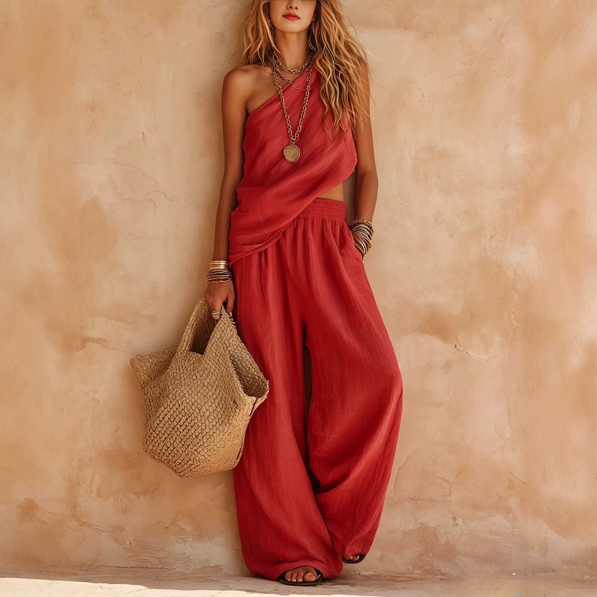 Women's One-Shoulder Cotton-Linen Wide-Leg Two-Piece Set