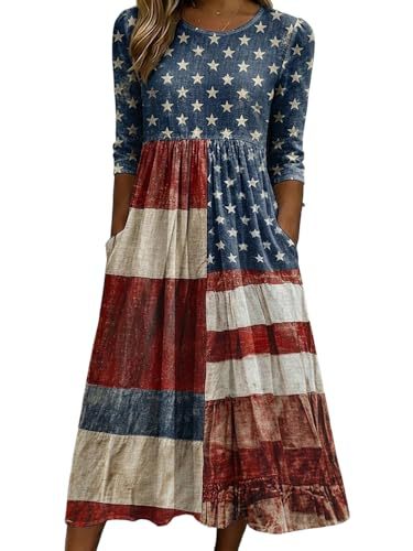 Women's Star Print Pleated Midi Dress Short Sleeve Crew Neck Slim Fit