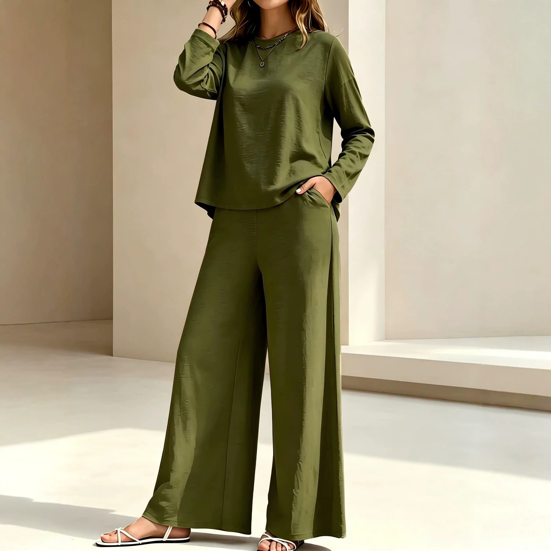 Women's Two-Piece Set Crewneck Long-Sleeve Top & Wide-Leg Pants Solid Color Casual