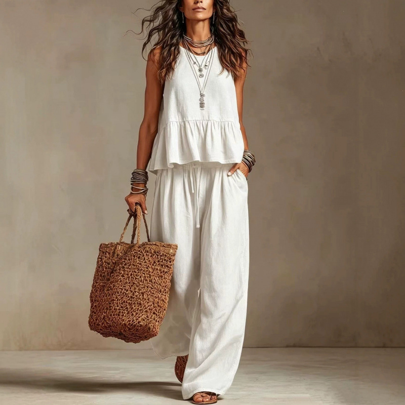 Women's Cotton-Linen Ruffle Sleeveless Wide-Leg Pants Set