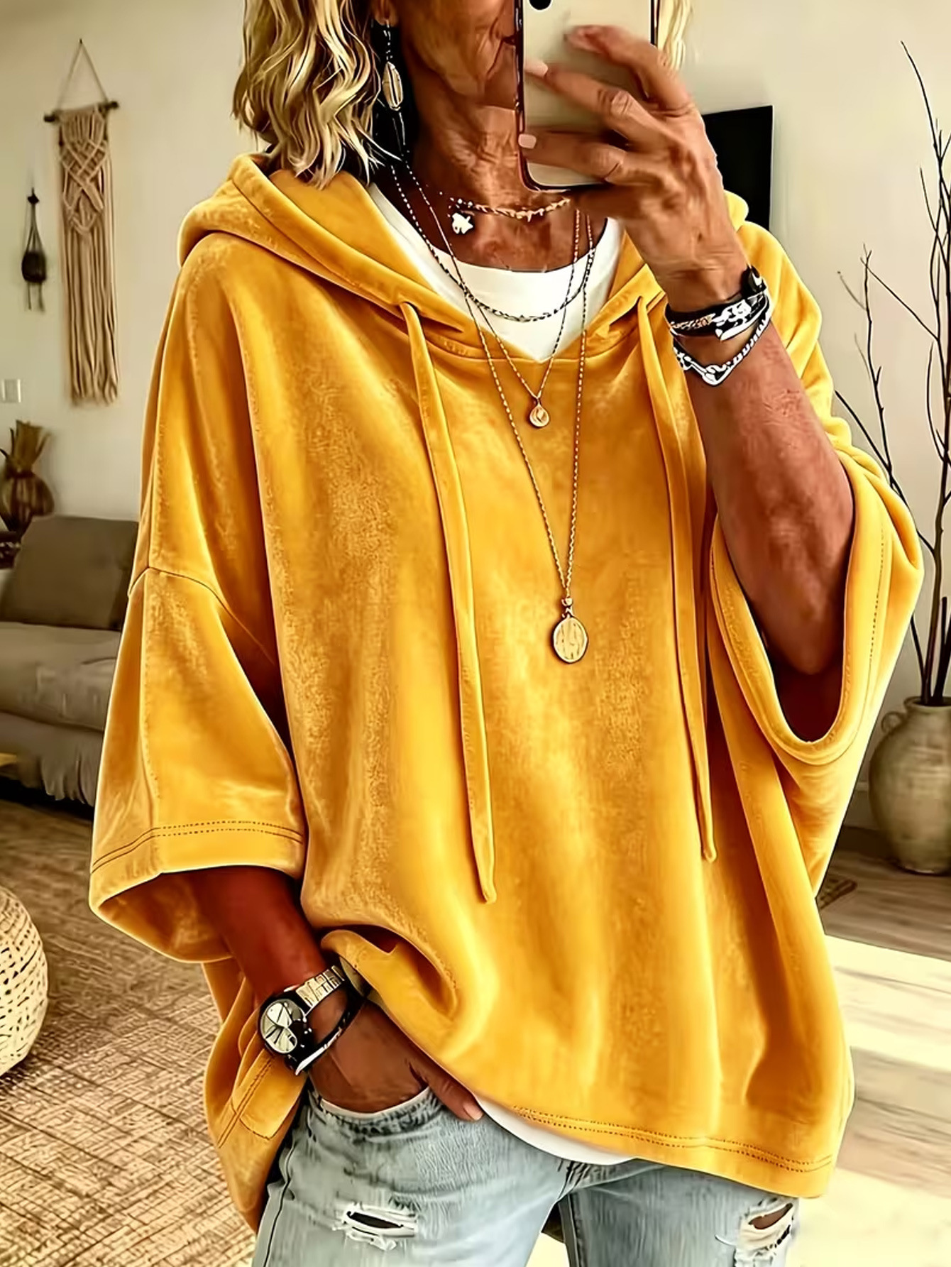 Women's Velvet Hooded Sweatshirt Seven-Quarter Sleeve Solid Color
