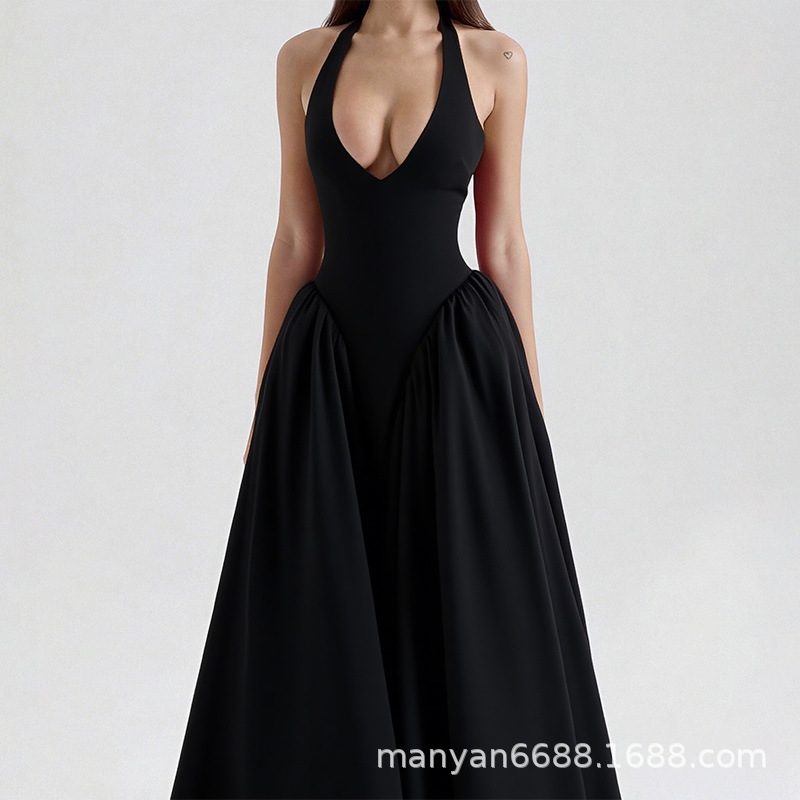 Women's Halter V-Neck Pleated A-Line Midi Dress