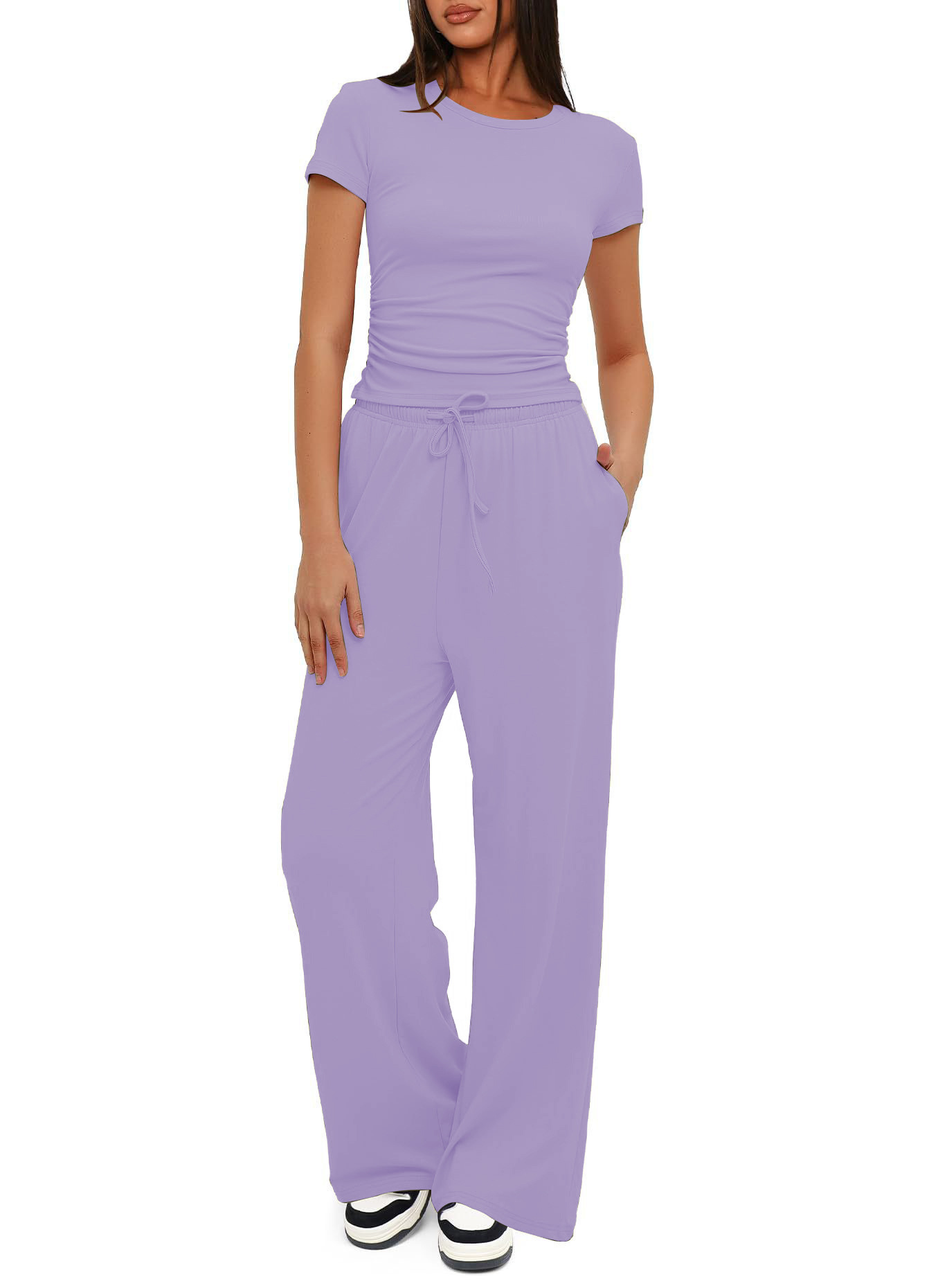 Ruched Short Sleeve Top and High-Waist Wide-Leg Pants Set