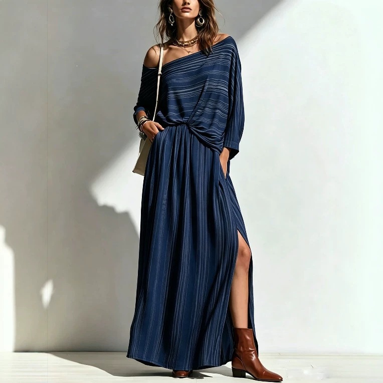 Striped Off-Shoulder Batwing Sleeve Top and High-Waist Long Skirt Set