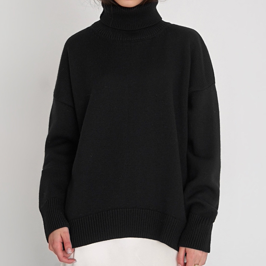 Solid Turtleneck Sweater Loose Knit Pullover