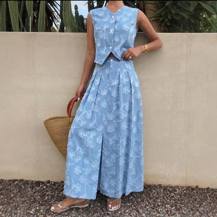 Women's Jacquard Vest and Long Skirt Set with Cinched Waist
