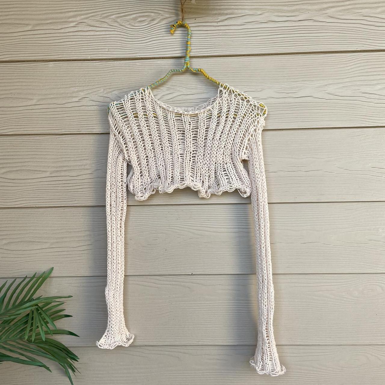 Sexy Crochet Knit Crop Top Crew Neck Long Sleeve