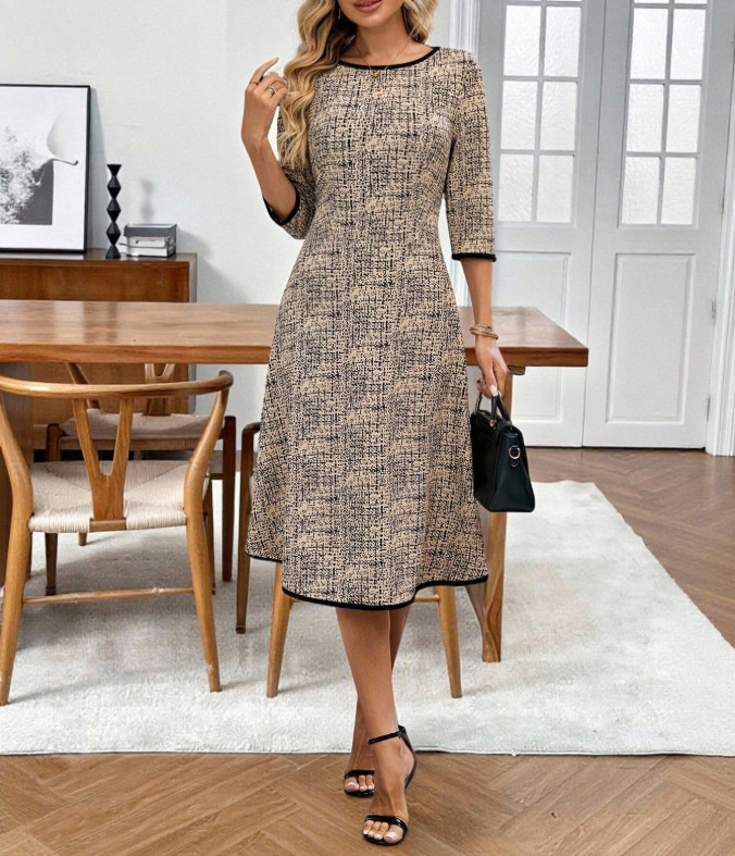 Women's Casual Midi Allover Print Dress Round Neck 3/4 Sleeve Plaid