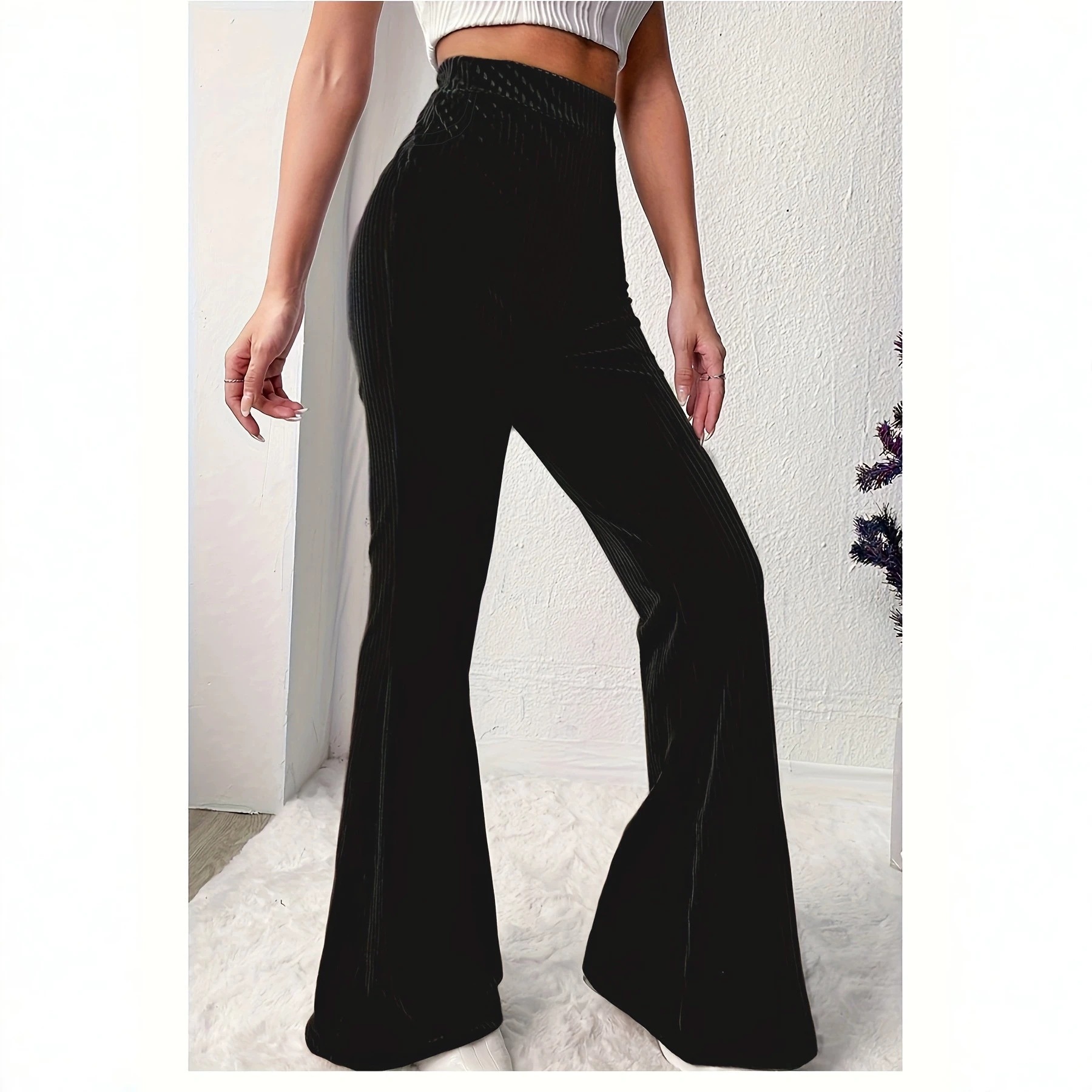 Ribbed Velvet High-Waist Pull-On Flare Pants with Pockets