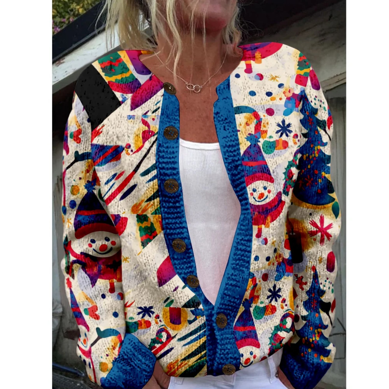 Women's Christmas Santa Print Button Cardigan Sweater