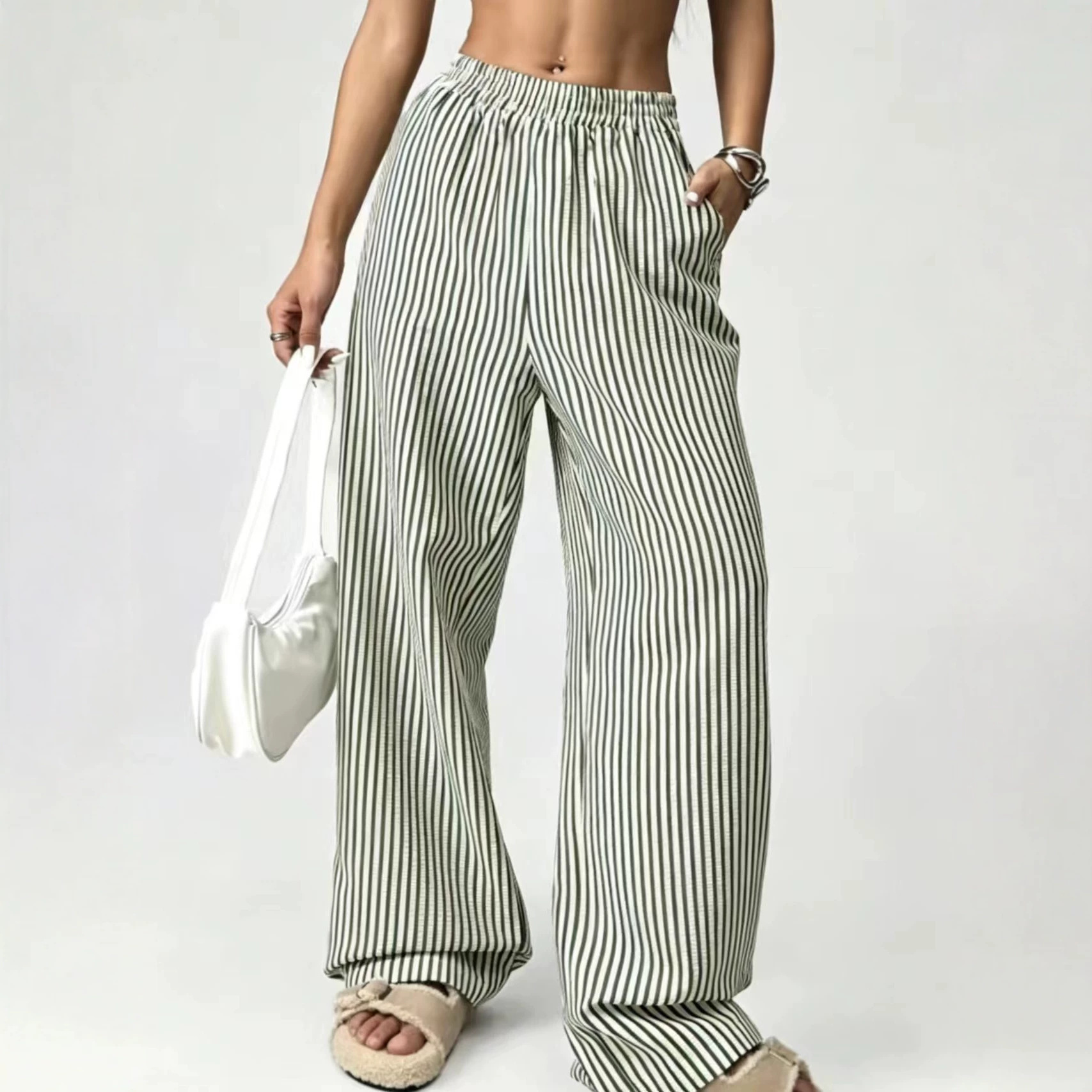 Striped Relaxed Elastic Waist Straight-Leg Pants with Pockets