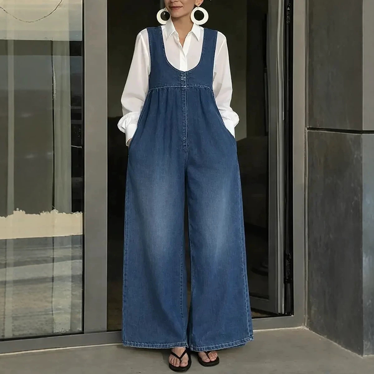 Washed Denim Bucket Vest and Wide-Leg Pants Set