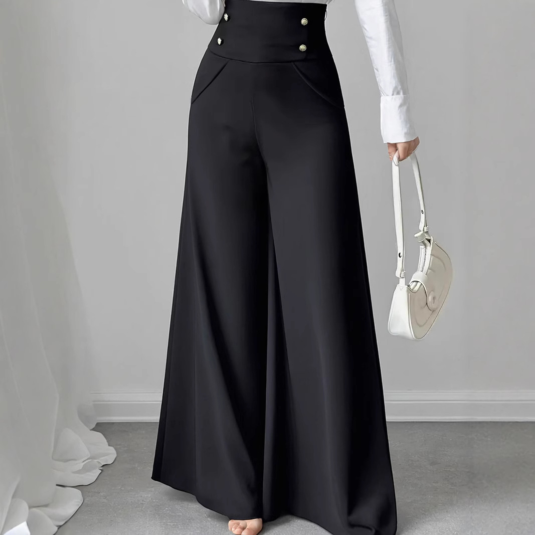 Minimalist High-Waist Tummy-Control Black Wide-Leg Pants with Pockets for Work