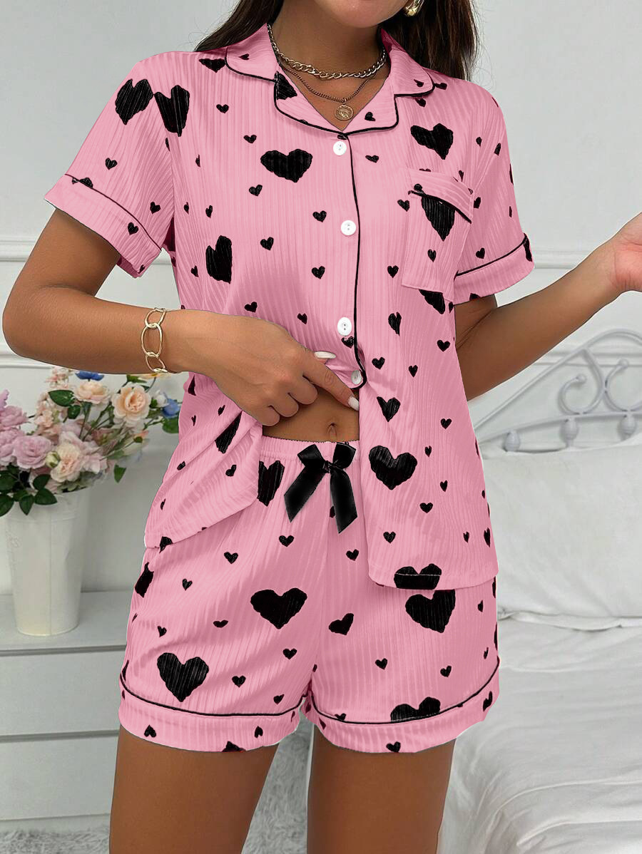 Cuban Collar Heart Bow Print Short Sleeve Women's Casual Two-Piece Set