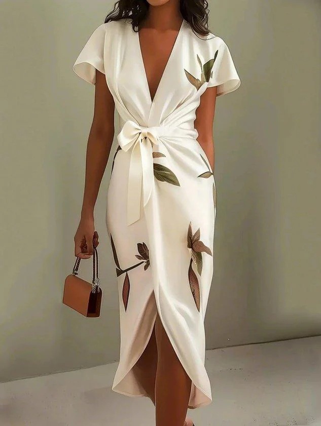 Floral Print V-Neck Short Sleeve Tie-Waist Slit Midi Dress