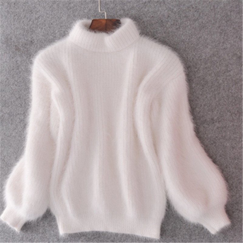 Korean Lantern Sleeve Mink Hair Half Turtleneck Pullover Sweater