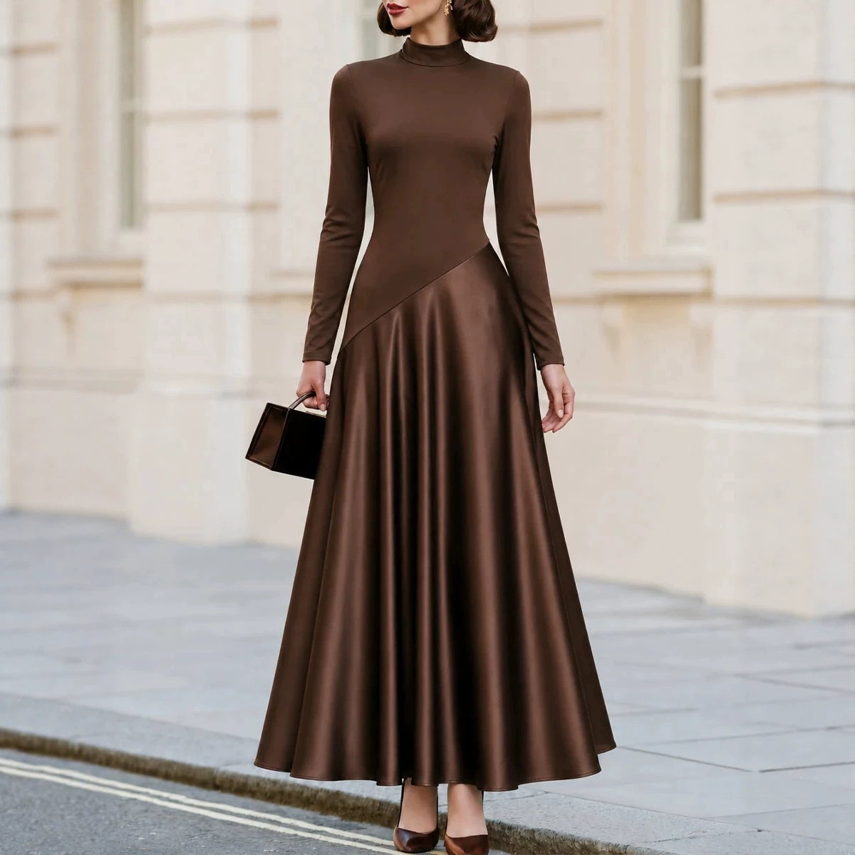 Brown Satin Paneled Long Sleeve Dress with Half Turtleneck and Fitted Waist