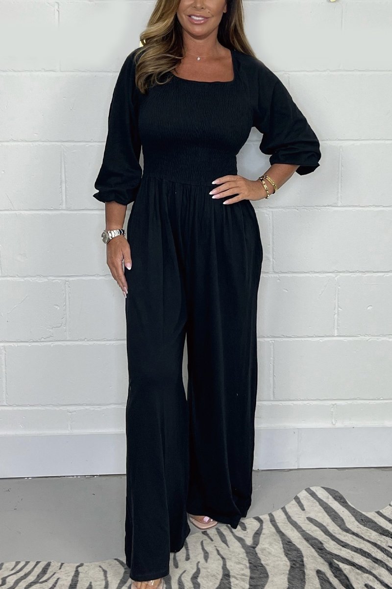 Women's Summer Casual Solid Smocked Jumpsuit with Flared Sleeves