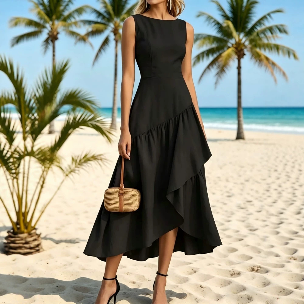 Women's Sleeveless Mesh Panel Midi Dress with Cinched Waist
