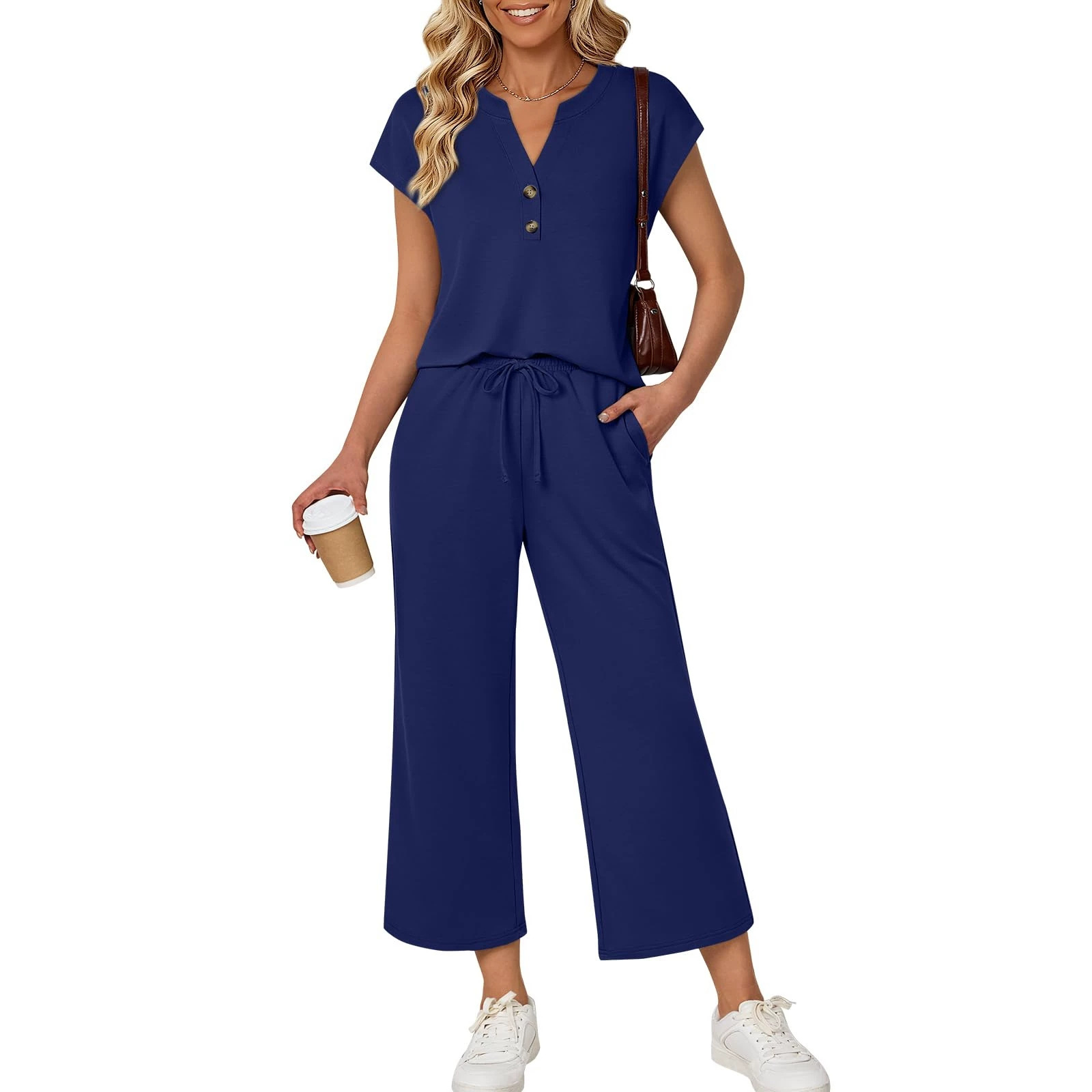 Women's Two-Piece Casual Set Short Sleeve Top and Cropped Pants Solid Color
