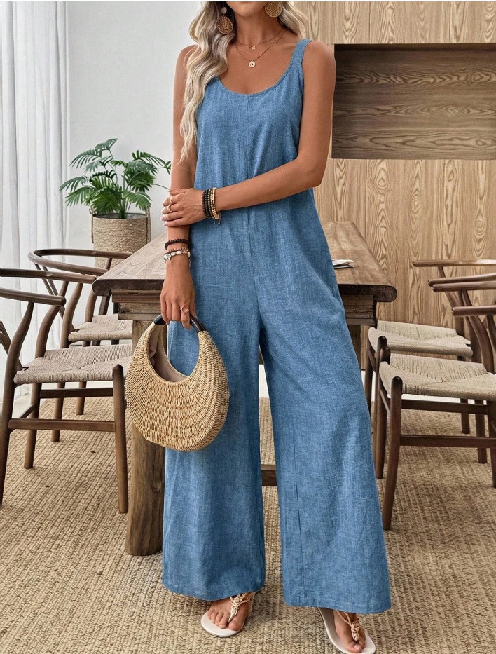 Women's Summer Sleeveless Solid Color Wide-Leg Jumpsuit