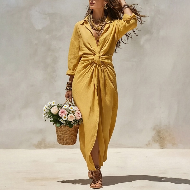 Women's Casual Solid Shirt-Collar Long Dress Single-Breasted Pleated Long-Sleeve