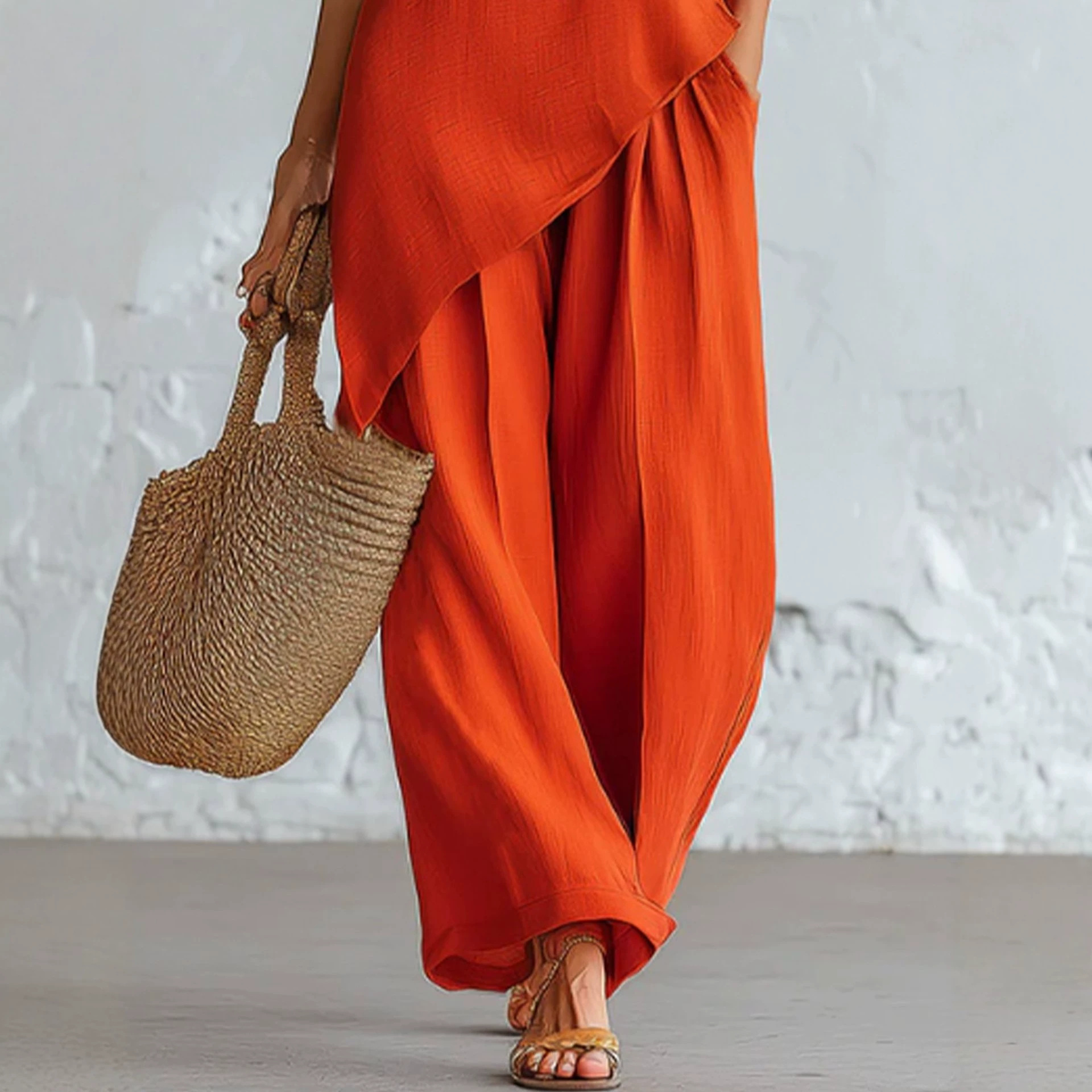 Women's Cotton-Linen Two-Piece Set with Sleeveless Top and Pants