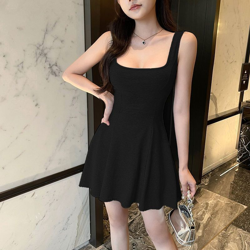Sleeveless Square-Neck A-Line Mini Dress Slimming Black Swan