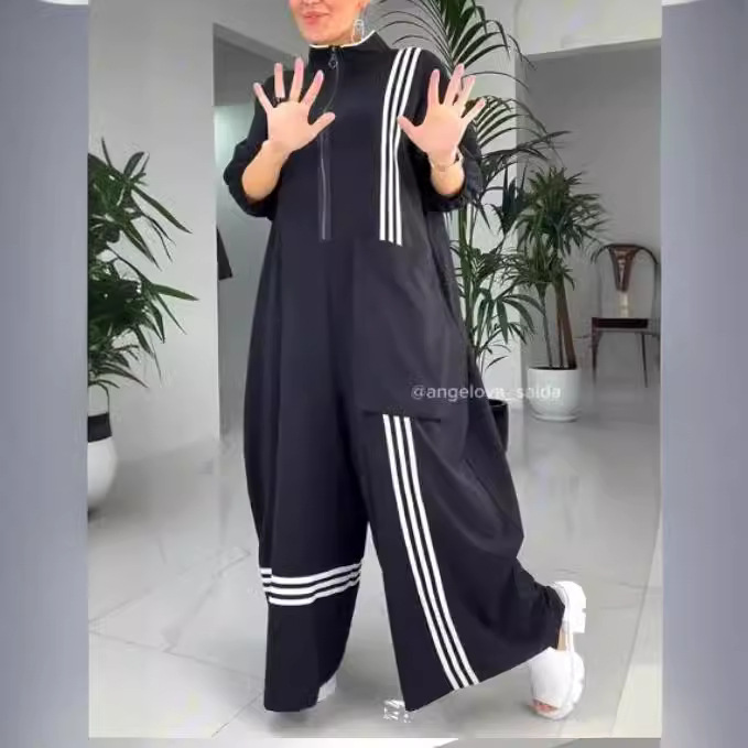 Women's Loose Slimming Seven-Sleeve Lapel Patchwork Jumpsuit