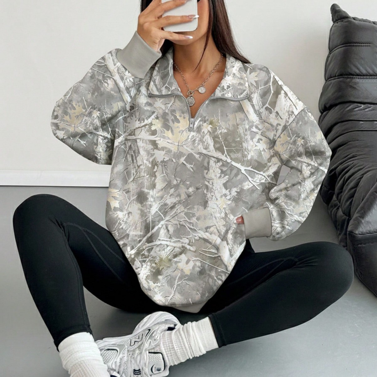 Women's Branch Print Loose Sweatshirt with Collar