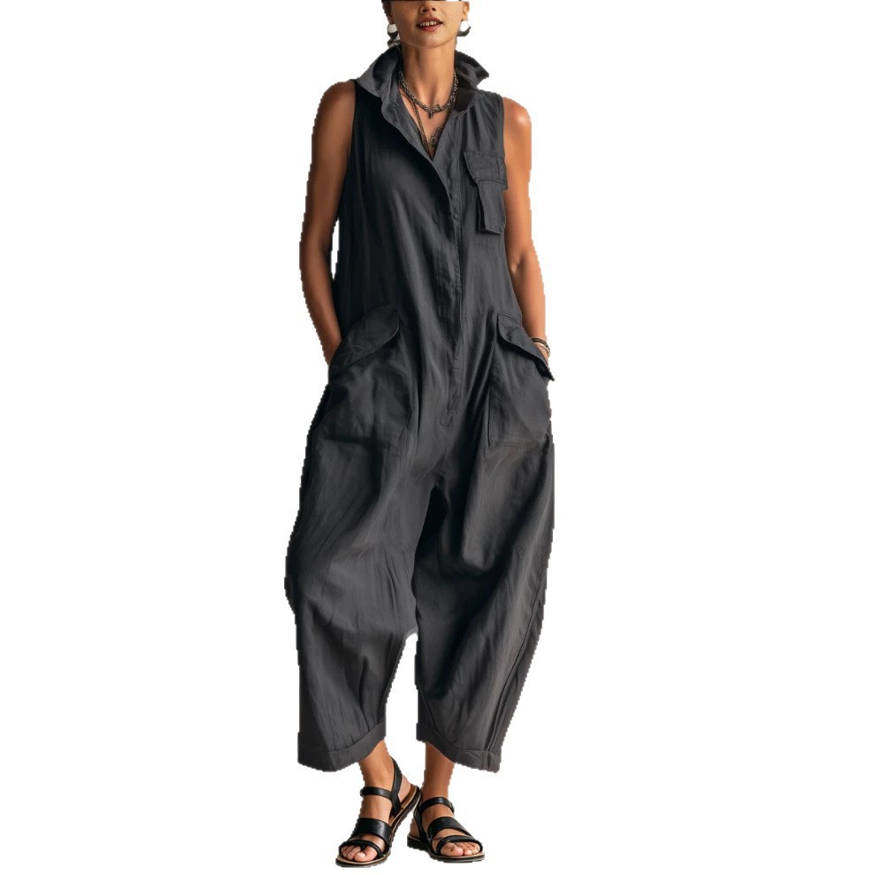 Black Sleeveless Cargo Wide-Leg Jumpsuit