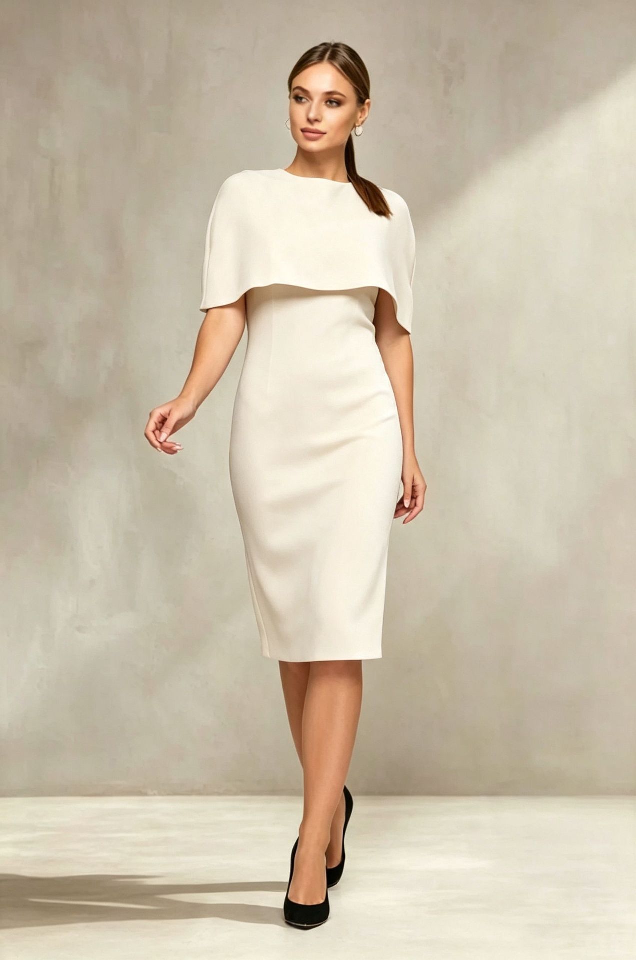 Elegant Cape Cocktail Dress for Wedding Guest, Formal Bodycon Midi Dress