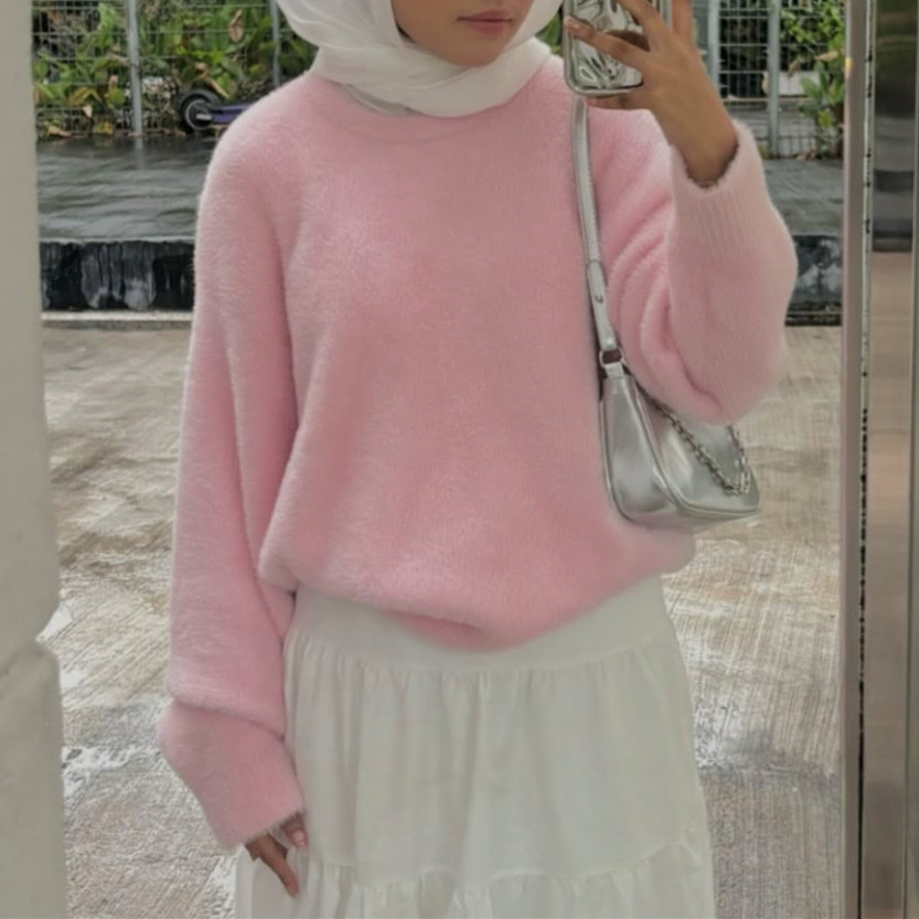 Faux Mink Fleece Crewneck Sweater Women's Fuzzy Long Sleeve Pullover Knit Top