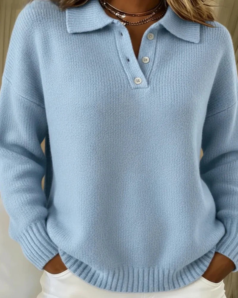 Women's Loose Relaxed Soft Knit Sweater with Collar and Buttons Long Sleeve