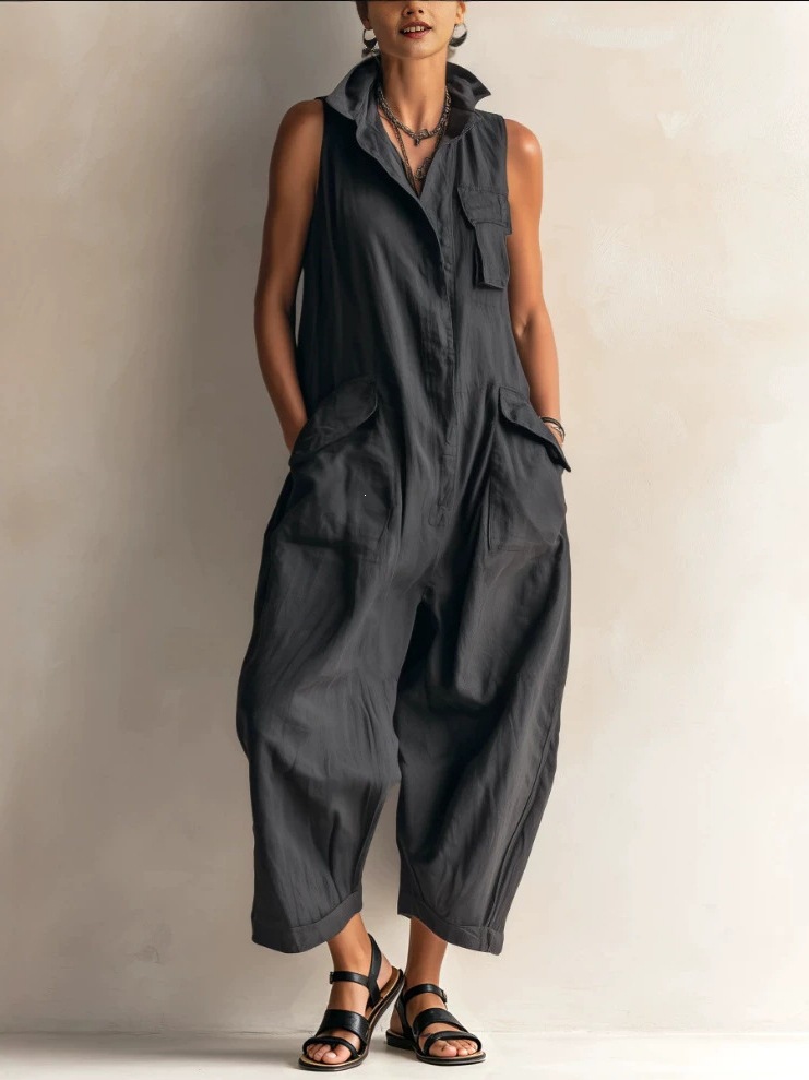Black Sleeveless Cargo Wide-Leg Jumpsuit