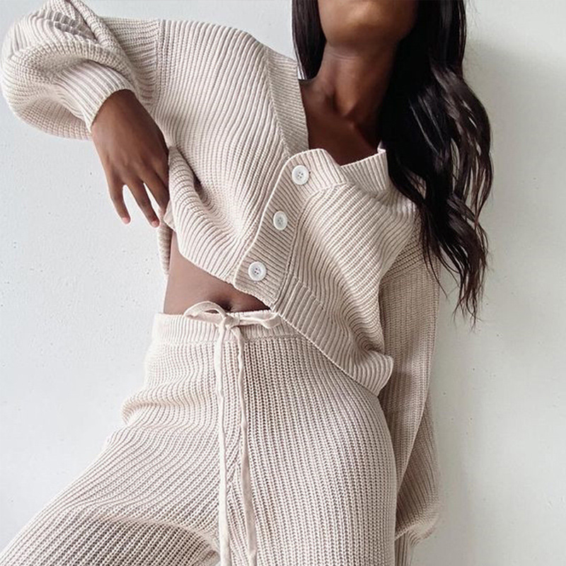 Women's Solid Color Open-Front Cardigan and Pants Two-Piece Knit Set