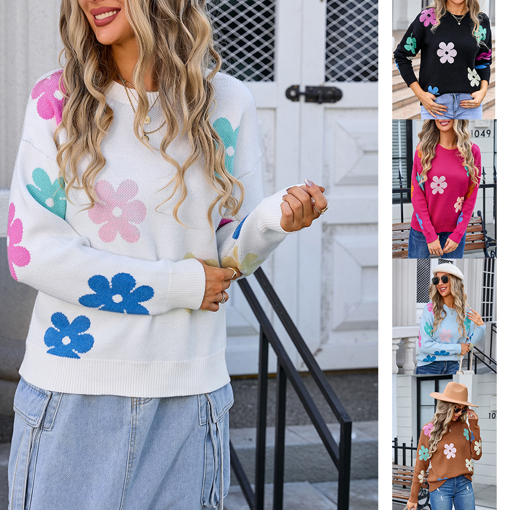 Floral Colorblock Crewneck Knit Sweater