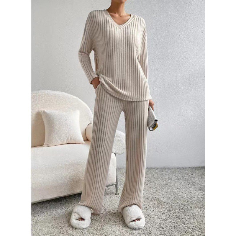 Plus Size Two-Piece Ribbed Loungewear Set with V-Neck Top and Straight-Leg Pants