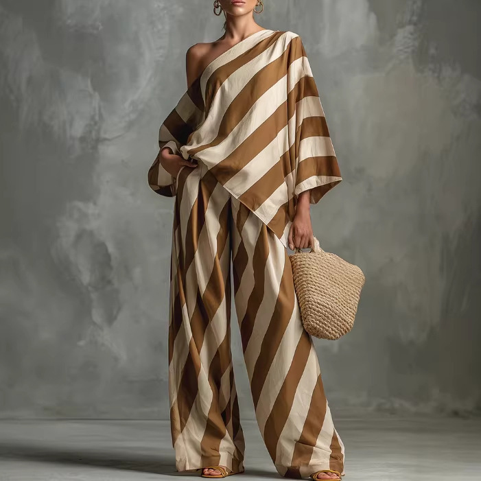 Lazy Chic Retro Striped Print Top and Wide-Leg Pants Two-Piece Set