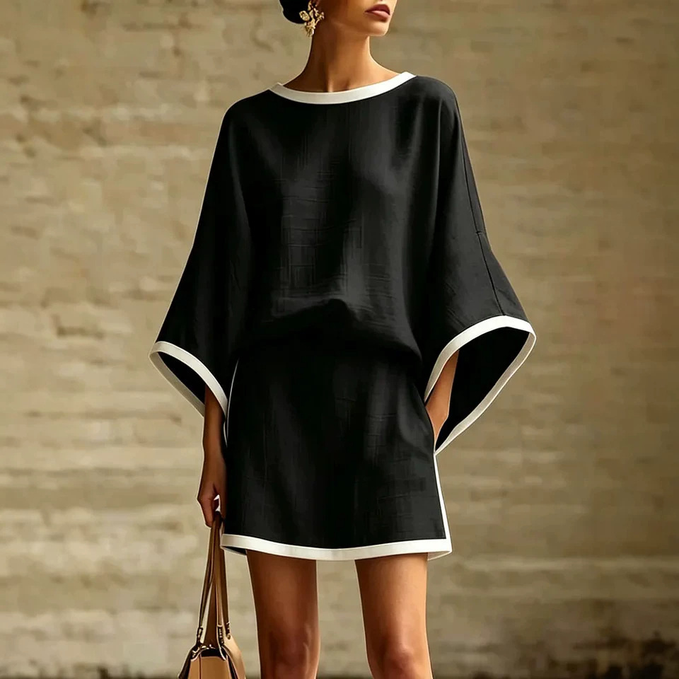 Women's Cotton-Linen Batwing Sleeve Top and Skirt Two-Piece Set
