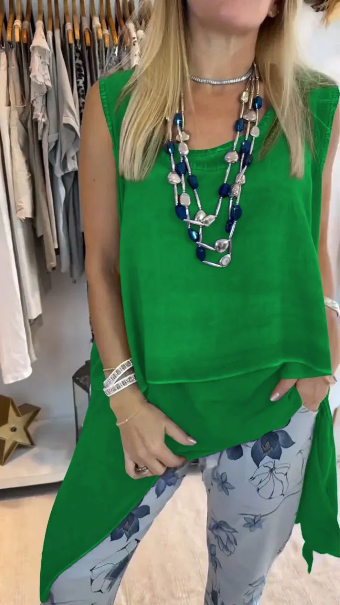 Solid Sleeveless Top and Patterned Pants Set Casual Two-Piece