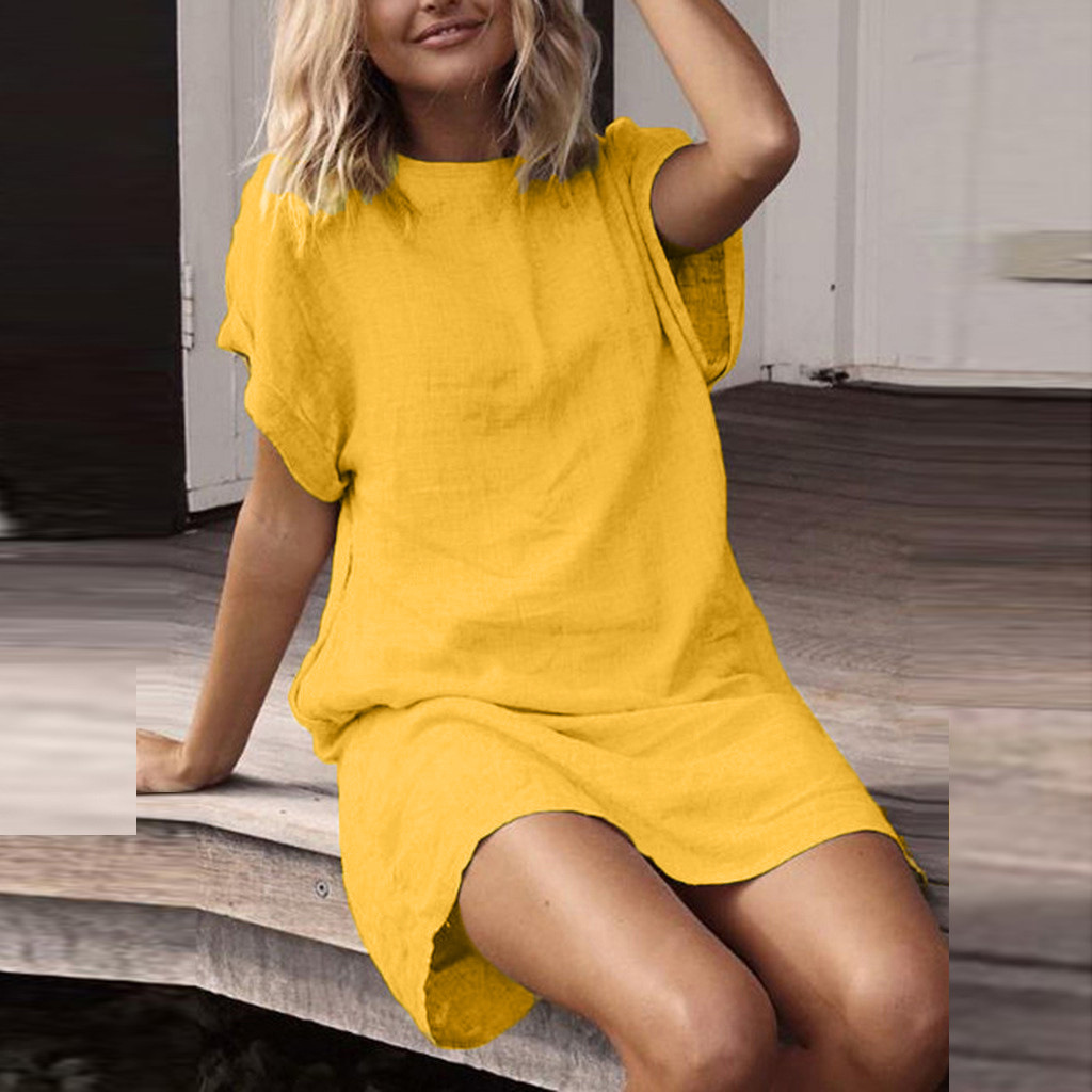 Women's Loose Casual Solid Short Sleeve Cotton Linen Dress