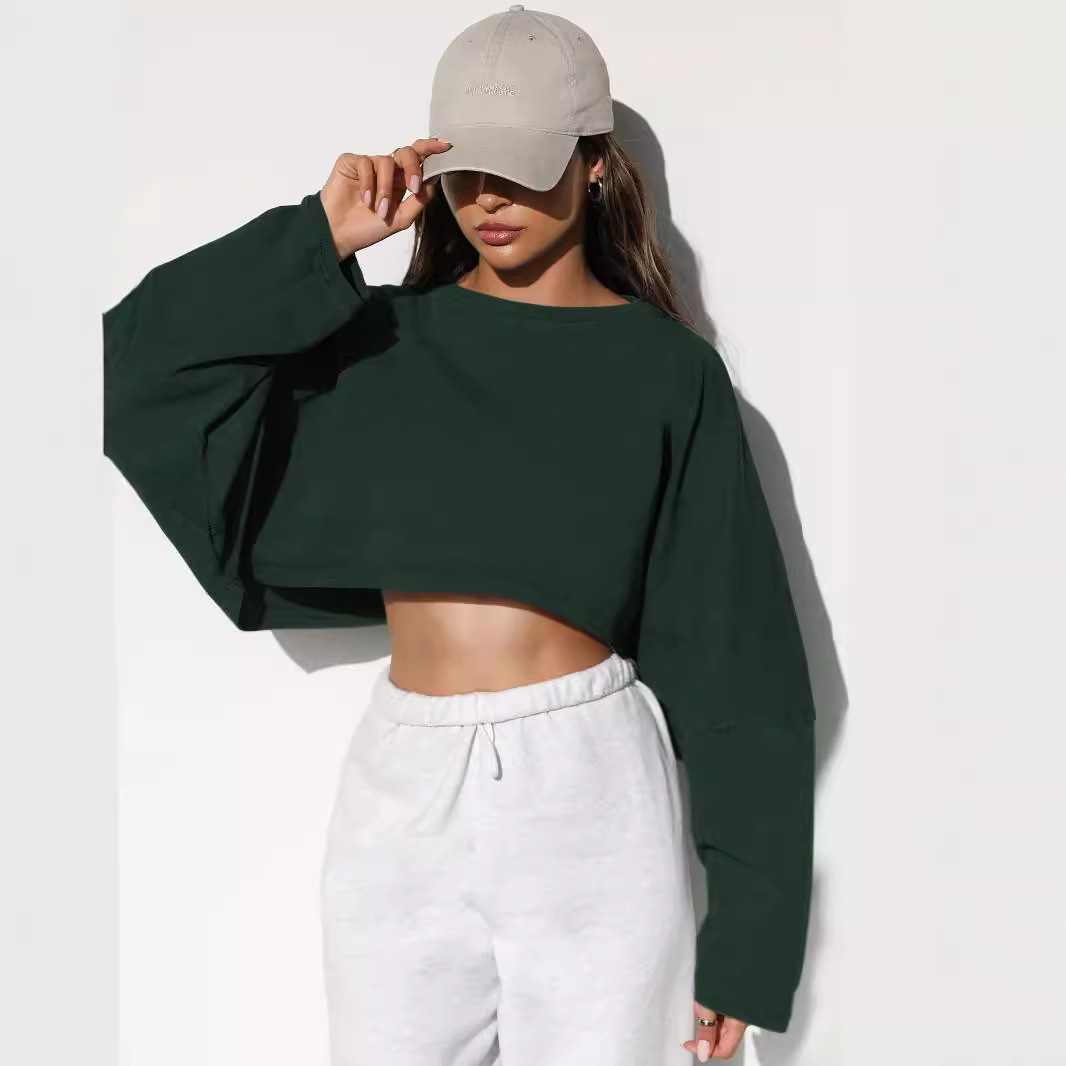 Women's Cropped Crewneck Sweatshirt Knit Long Sleeve Top