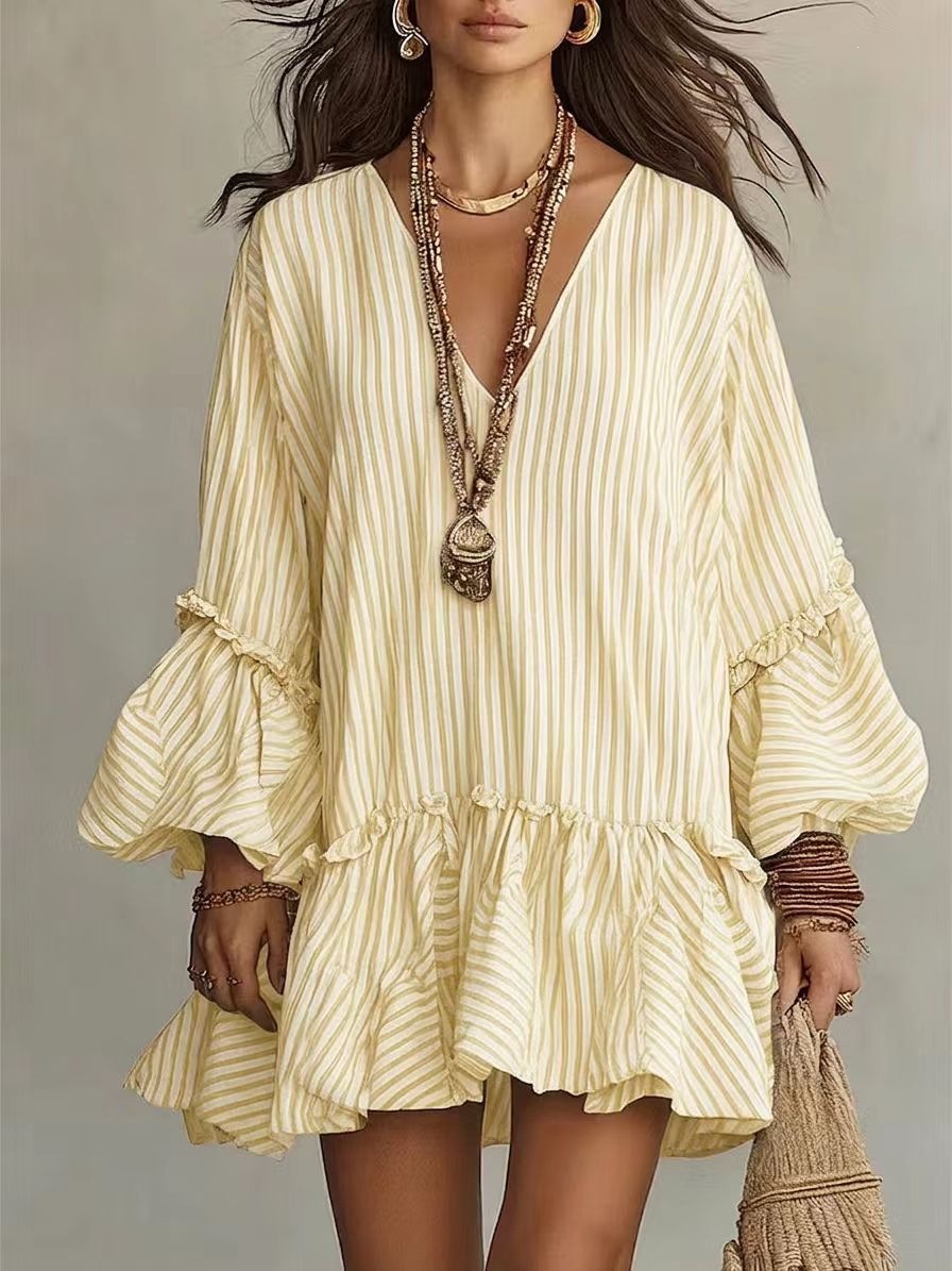 Women's Striped Print V-Neck Lantern Sleeve Loose A-Line Short Dress
