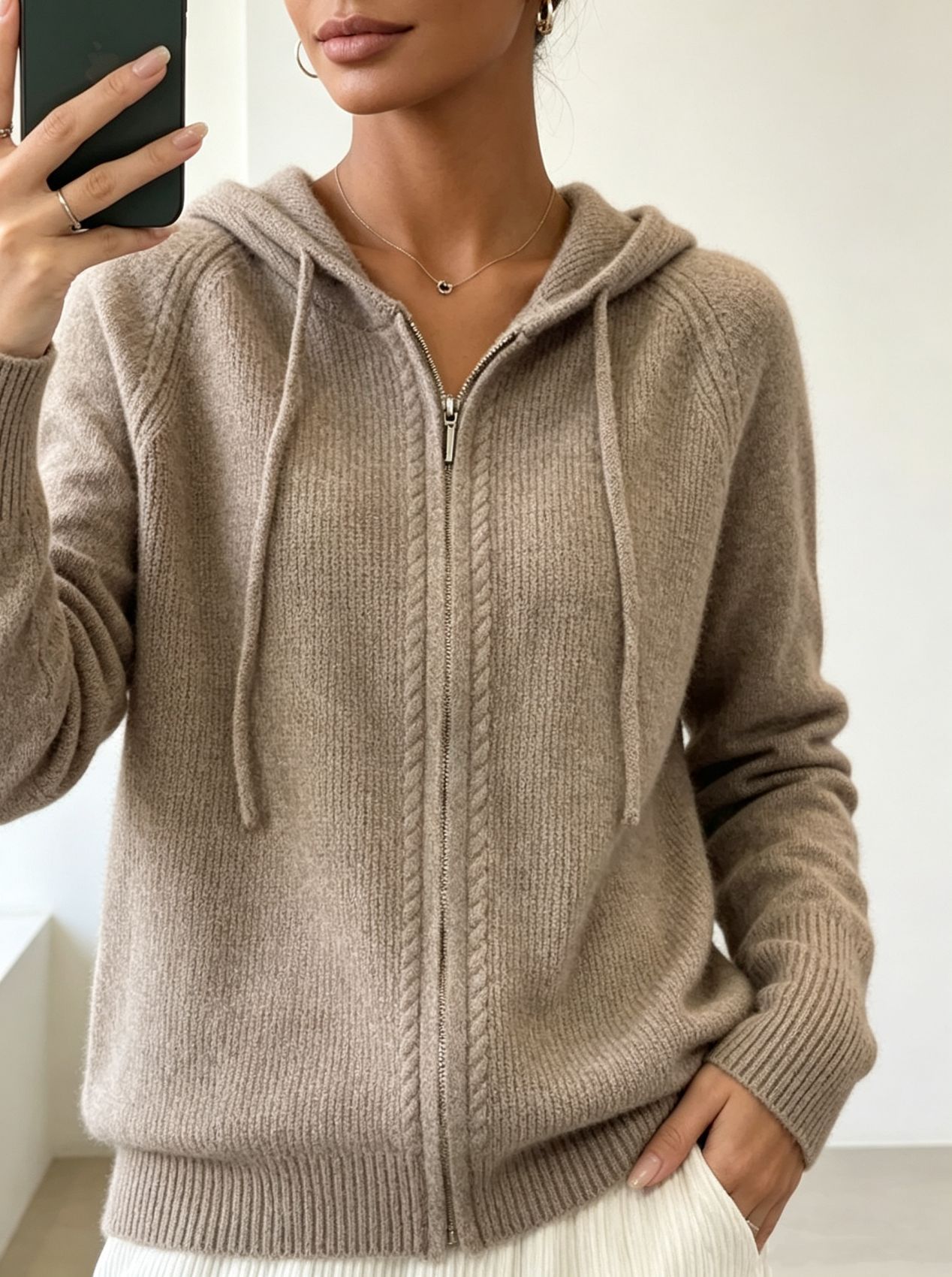 Women's Solid Hooded Faux Wool Cardigan Zip-Up Knit Sweater