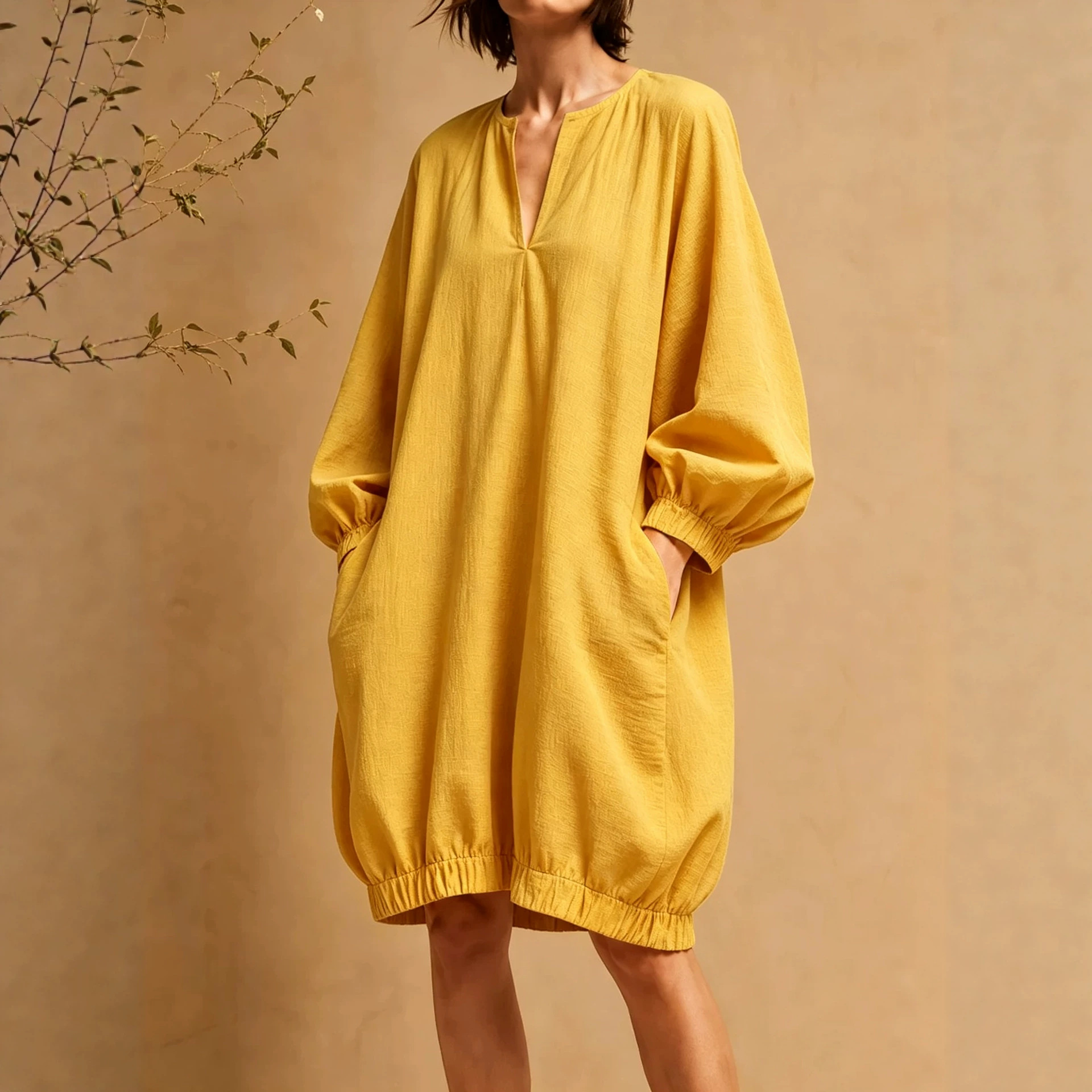 Women's V-Neck Loose Midi Dress with Lantern Sleeves