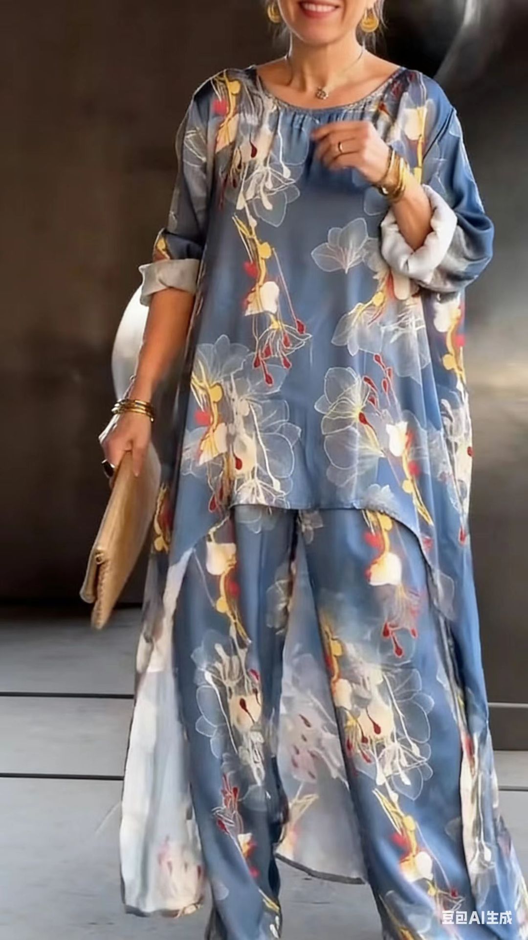 Women's Printed Round Neck Irregular Long Top and Wide-Leg Pants Casual Set