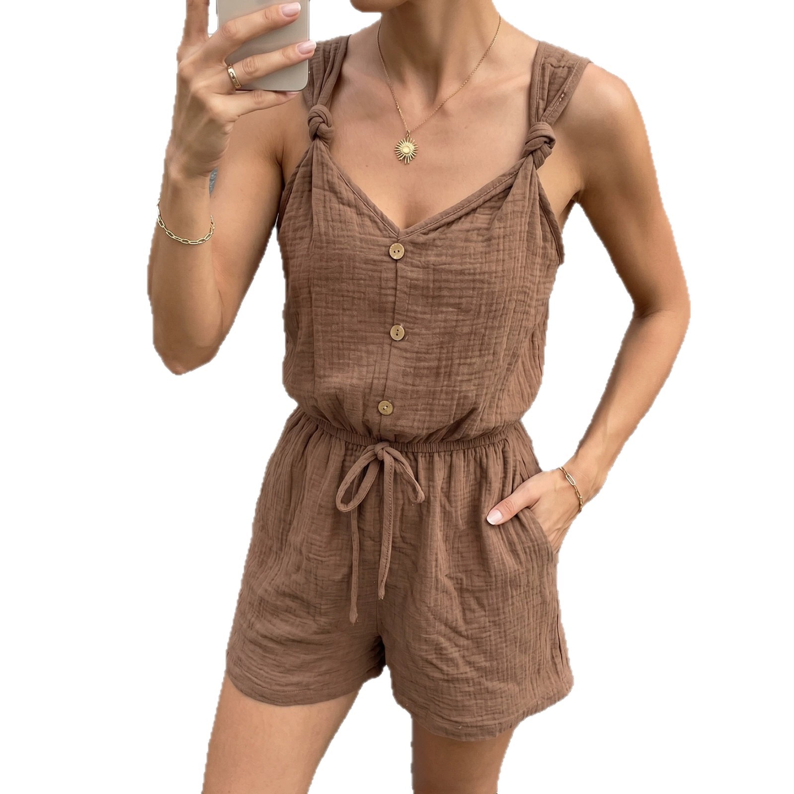 Women's Textured Twist Strap Sleeveless Romper Solid Color Vacation